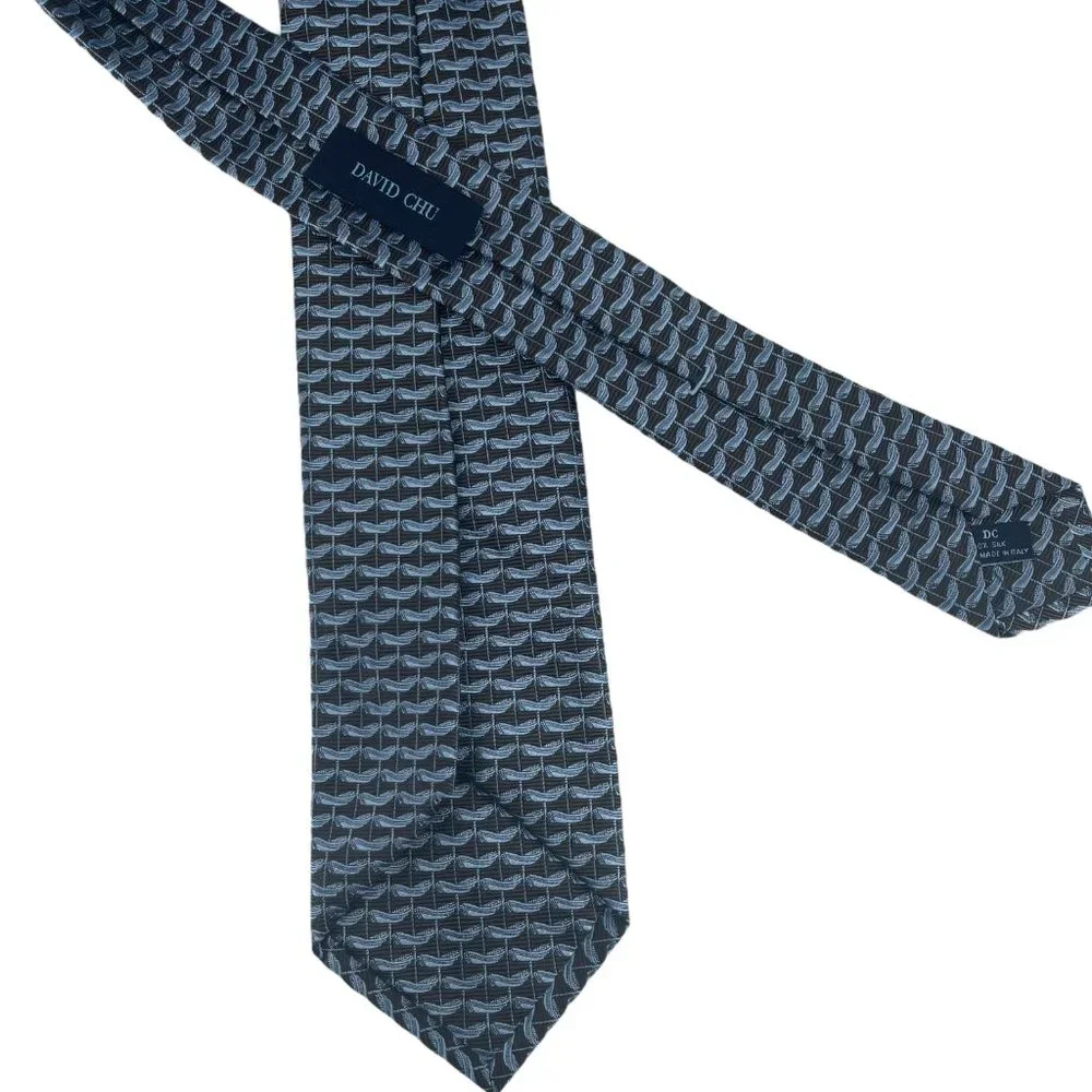 David Chu Mens Seven Fold Necktie Brown Blue Pattern 100% Silk Tie Made in Italy